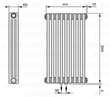 Схема (чертеж) Радиатор Zehnder Charleston 3200/9 №5410 Белый глянцевый RAL 9016